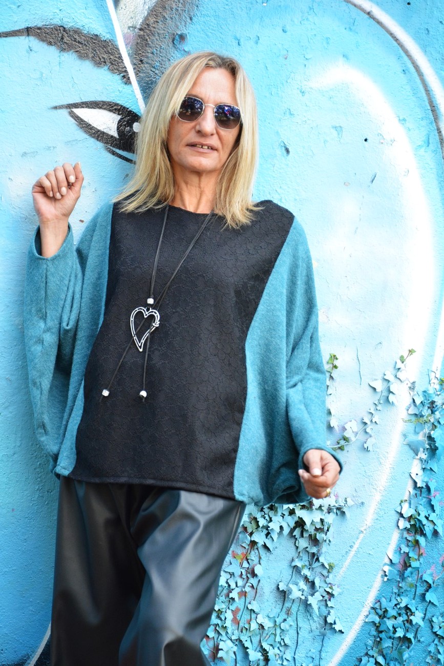 HIVER 23 – TENDANCE UNIQUE – MONACO – PULL TURQUOISE – PULL OVERSIZE – PULL MANCHES CHAUVES-SOURIS (3)